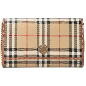 Burberry Women's Hanna E-Canvas & Leather Wallet On Chain in Beige with Golden Chain Shoulder Strap, Size: ONE SIZE