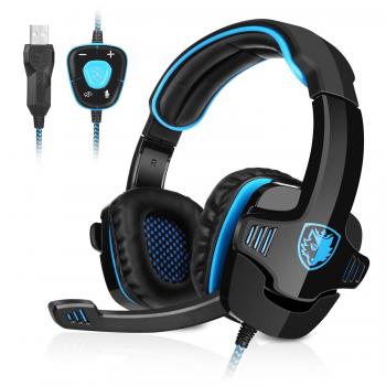 GHB Sades Auriculares Gaming Cascos con Microfono SA-901 Sonido Envolvente 7.1 con USB para PC Ordenador Portátil Azul y Negro