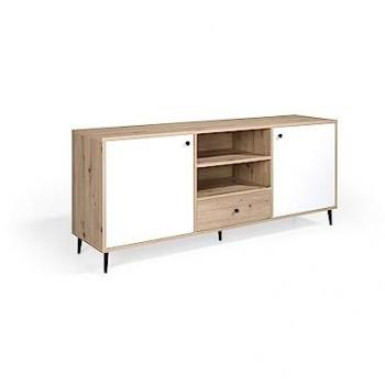 Aparador Salón 180x45x75 cm Roble y Blanco con 2 Puertas, 1 Cajón y Baldas Centrales - Momma Home