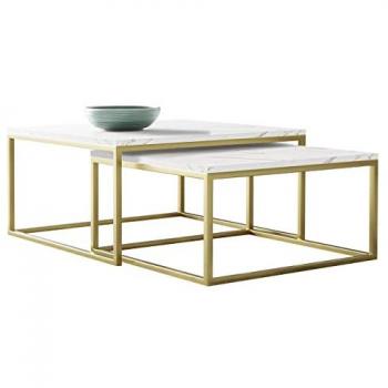Conjunto mesa de centro Oswego 102, Mármol blanco y dorado, Aglomerado laminado, Angular, 76x76x39cm