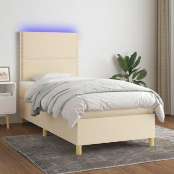 Cama box spring con colchón y luces LED, tela crema, 80x200 cm