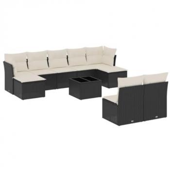 10-Piece Black Poly Rattan Garden Sofa Set with Cushions