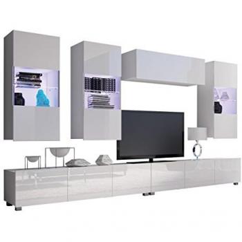 Conjunto de salón moderno Providence B109, Aglomerado laminado, Blanco brillante, Mesa de TV y partes separadas, 300x43cm