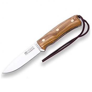 Cuchillo Deportivo de Caza Joker Bushcrafter CO120 con Funda de Piel Marrón, Hoja de 10,5 cm y Mango de Olivo para Pesca, Caza, Camping y Senderismo