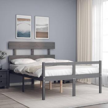 Cama doble gris de madera sólida con cabecero para ancianos, estructura de cama de matrimonio en madera maciza gris Vidaxl