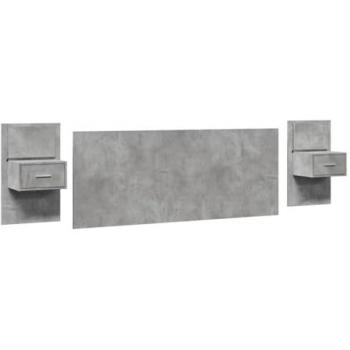 Cabecero cama y mesitas madera ingeniería gris hormigón 200 cm, muebles de dormitorio, cabecero flotante con almacenaje, mesita de noche flotante