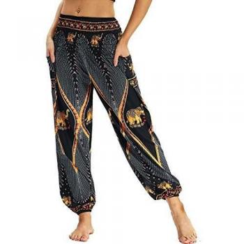 Nuofengkudu Mujer Pantalones Hippies Tailandeses Estampado Verano Cintura Alta Elastica con Bolsillos