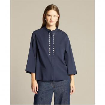 Elena Mirò Embroidered Cotton Shirt, Blue Female, Sizes: L, 2XL, 3XL