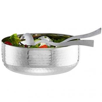 Set de ensaladeras plateadas de acero inoxidable con cubiertos, apto para lavavajillas, diámetro 28 cm