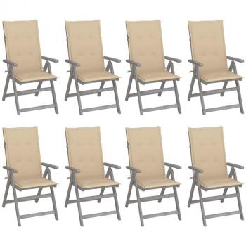 Reclining Garden Chairs Set with Cushions - 8 pcs Grey Acacia Wood