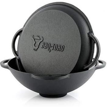 Kazan de Hierro Fundido BBQ-Toro con Tapa | 12,1 Litros | Olla Tradicional para Cocinar, Guisar y Freír | Wok Pre-sazonado con Fondo Aplanado