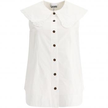 Ganni Women's Frill Collar Sleeveless Poplin Blouse Top in Bright White | Size 38 | F4715151