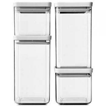 Brabantia Tasty+ Set de 4 Recipientes Cuadrados Apilables de Plástico Transparente, 2 x 0.7 L y 2 x 1.6 L con Tapa Gris Claro