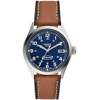 Fossil Reloj para hombre Defender, movimiento solar, caja de acero inoxidable plateado de 40MM con correa