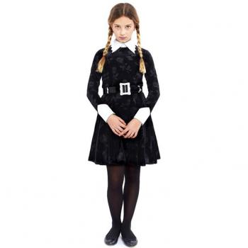 Disfraz Miércoles Addams para Niña Completo con Vestido negro y Cinturón - Talla 5-6, 7-9, 10-12 y 13-15 - Festëën®