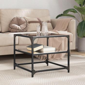 Mesa de centro con tapa de vidrio negro 50x50x45 cm, estructura de acero negra