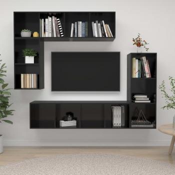 vidaXL Juego de muebles de salón 4 piezas en madera de ingeniería y aglomerado negro brillante, incluye mueble para TV, mesa de TV y otros elementos decorativos