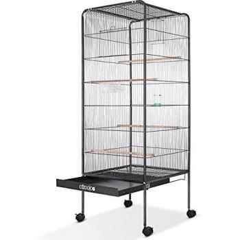 Jaula para pájaros XL 146cm - Pajarera de metal móvil con 4 ruedas, 2 puertas, bandeja de limpieza extraíble, 4 posaderos, comedero y bebedero