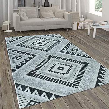 Alfombra Exterior Motivo Etnico Geometrico 3D 200x290 cm, Color: Blanco Negro