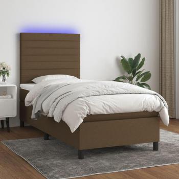Cama box spring con colchón suave y luces LED, tela marrón oscuro, 90x190cm