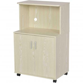 Aparador Auxiliar para Microondas HOMCOM con 2 Puertas, Estante Ajustable y Ruedas, Dimensiones 60,4x40,3x97 cm, Color Roble