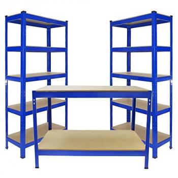 Estantería de Garaje T-Rax 2 x 75 cm Azul y Banco de Trabajo Metálico