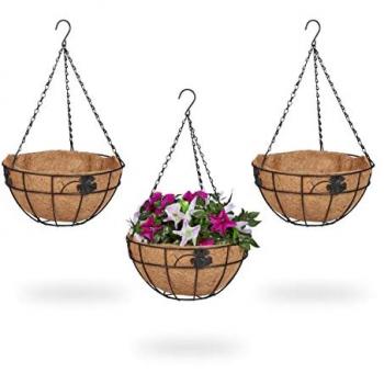 Set de 3 Cestas Colgantes de Metal con Forro de Fibra de Coco, 48x31 cm, para Interior y Exterior, Marrón/Negro