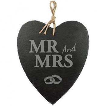 Pizarra Corazón con grabado hermoso - Mr and Mrs - Standard - Motivo Anillos de Boda - 23 cm x 27 cm x 0,6 mm - Con cuerda de yute para colgarla en la pared