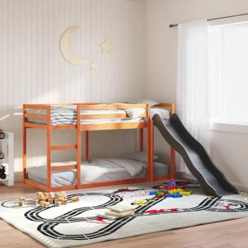 Litera con escalera deslizante y tobogán de madera maciza en color marrón, dimensiones 80x200 cm, fabricada en pino