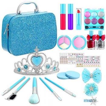 TwobeFit Maquillaje Niñas Set, Piezas Lavables Maquillaje para Niñas con Pinzas para El Cabello, una Corona, Caja de Maquillaje, Juguete, Regalos de Cumpleaños y Navidad para Niña