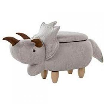 Taburete Infantil Triceratops de Poliéster Gris Claro con Función de Almacenamiento y Patas de Madera