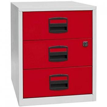 Armario Auxiliar Móvil Bisley PFA con 3 Cajones, Color Gris Claro y Rojo Cardinal, Dimensiones 41.3 x 40.0 x 52.8 cm