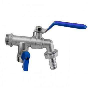 Grifo de latón doble salida 1/2 x 3/4 x 3/4 azul de alta calidad, resistente al óxido y heladas hasta -5 °C, soporta presiones de agua hasta