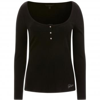 Guess Long Sleeve Blouse with Rhinestone Detail 'KARLEE', Size L - Women's Black Slim Fit Cotton Knitwear