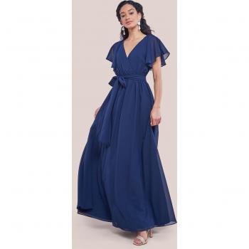 Goddiva Sustainable Chiffon Flutter Sleeve Wrap Maxi Dress - Navy - Size 8 UK