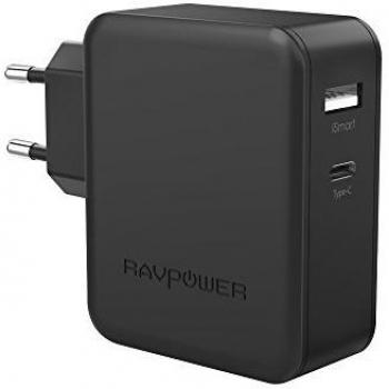 Cargador Tipo C y USB 36W RAVPower Cargador USB C, Cargador Type C y USB para Huawei P9/Nexus/Matebook, LG G5, HTC M10, ZUK Z1, Xiaomi 4C, New Macbook 12 y más-Negro