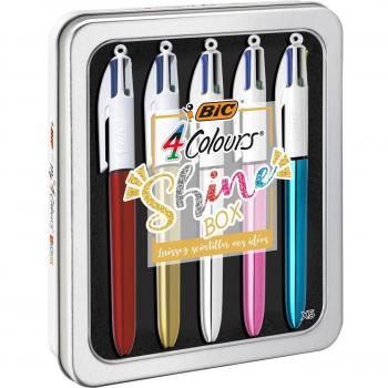 Bolígrafo BIC Cuatro Colores Shine Box Caja Metálica 5 U Surtidas