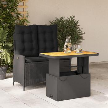 2-Piece Black Poly Rattan Garden Dining Set with Cushions
