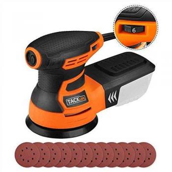 TACKLIFE Lijadora Eléctrica, 350W Lijadora Orbital con 6 Velocidades Ajustables 13000RPM, 12 PCS Papeles de Lija de 125mm