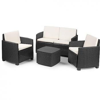 Conjunto Jardín Exterior 5 Piezas - 4 Butacas Siracusa + 1 Mesa Nassau - Gris-Antracita - Cojines Incluidos - Estilo Ratan