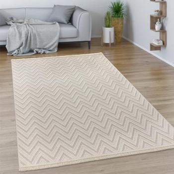 Alfombra Rectangular Boho Chic Geométrica con Flecos 240x340 cm, Color Crema, Pelo Corto y Efecto Hoch-Tief