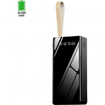 Powerbank DAM 20.000mAh con doble salida USB, colgante de transporte, linterna y pantalla indicadora de carga, medidas: 6x2x14cm
