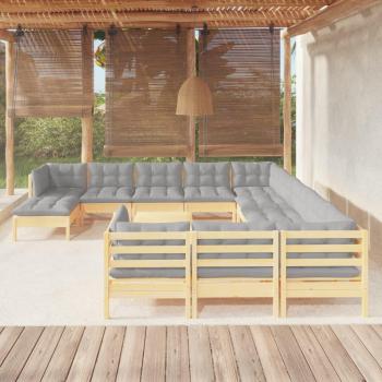vidaXL 13-Piece Pinewood Garden Lounge Set with Gray Cushions