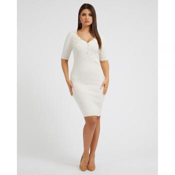Vestido Guess Grace Polo Neck Midi Bodycon Beige Knit Dress for Women