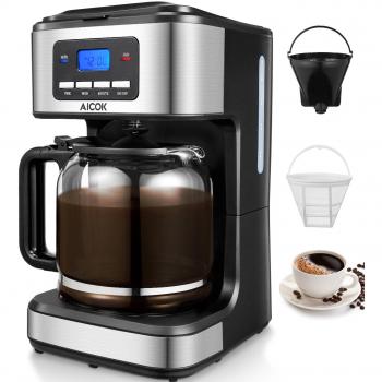 Aicok Cafetera, Cafetera Goteo, Cafetera Goteo Programable, Cafetera Goteo Filtro Permanente, Jarra de Vidrio, 1.5 Litros, 12 Tazas, 900W, Negro