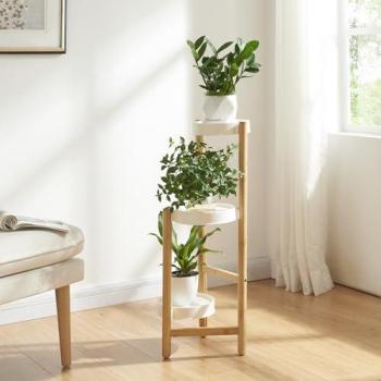 Soporte para Plantas Sastamala de 3 Niveles en Bambú y Plástico - 78 x 32 x 32 cm - Blanco y Natural