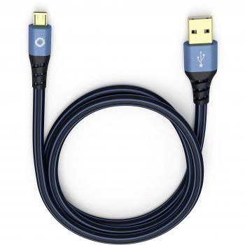 Cable USB 2.0 de 3.00 m con conector USB-A y Micro-B, contactos dorados, color azul