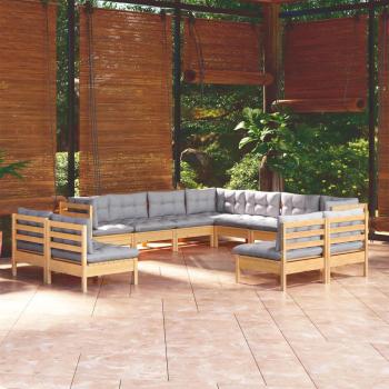 11-Piece Garden Lounge Set with Grey Cushions - Solid Pinewood