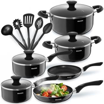 Batería de Cocina Tectake Varese, 15 Piezas, Aluminio Inoxidable y Antiadherente, Incluye 2 Ollas, 2 Cacerolas, 2 Sartenes,