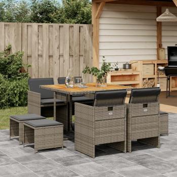 9-Piece Grey Poly Rattan Garden Dining Set with Cushions